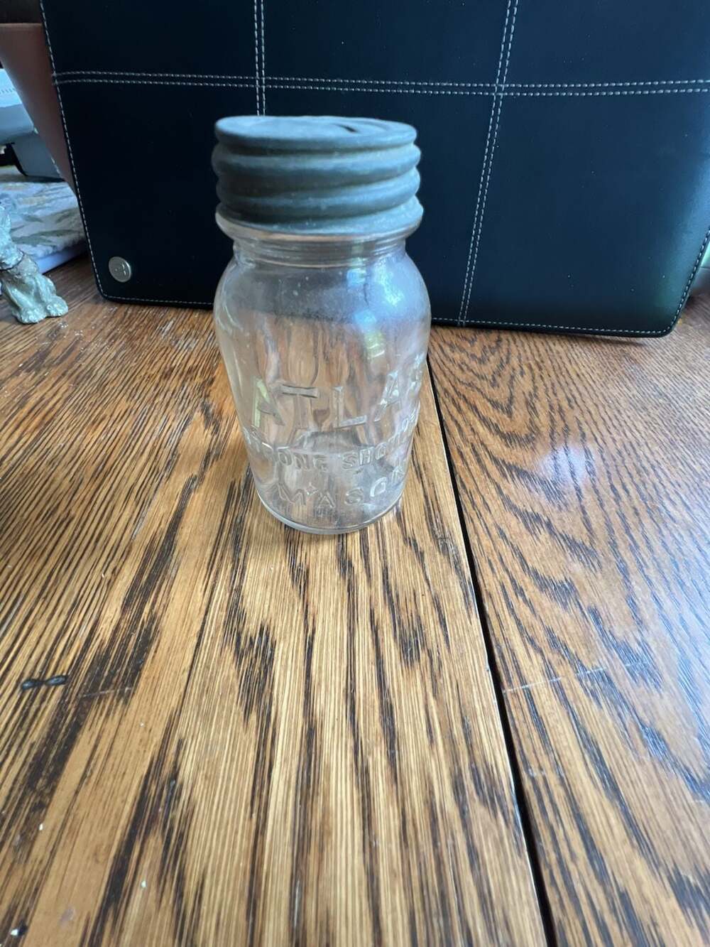 Vintage Atlas Strong Shoulder Mason Miniature Glass Jar Coin Bank
